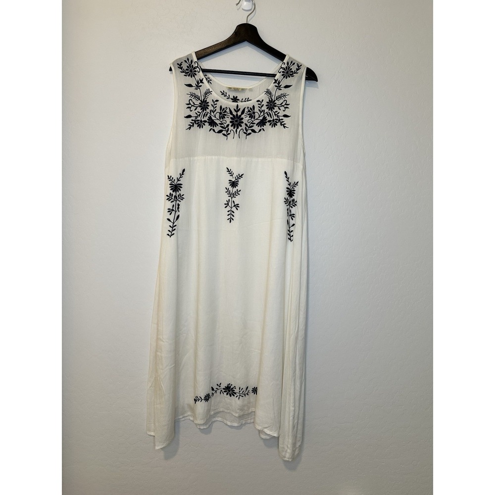 Anandas Collection Womens White Boho Dress Navy Blue Embroidered 2X